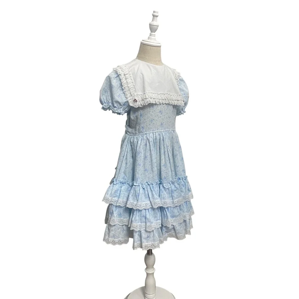 Vintage Golden Age Formal Dress Size 8 Blue & White‎ Ruffled Lace Round Tiered